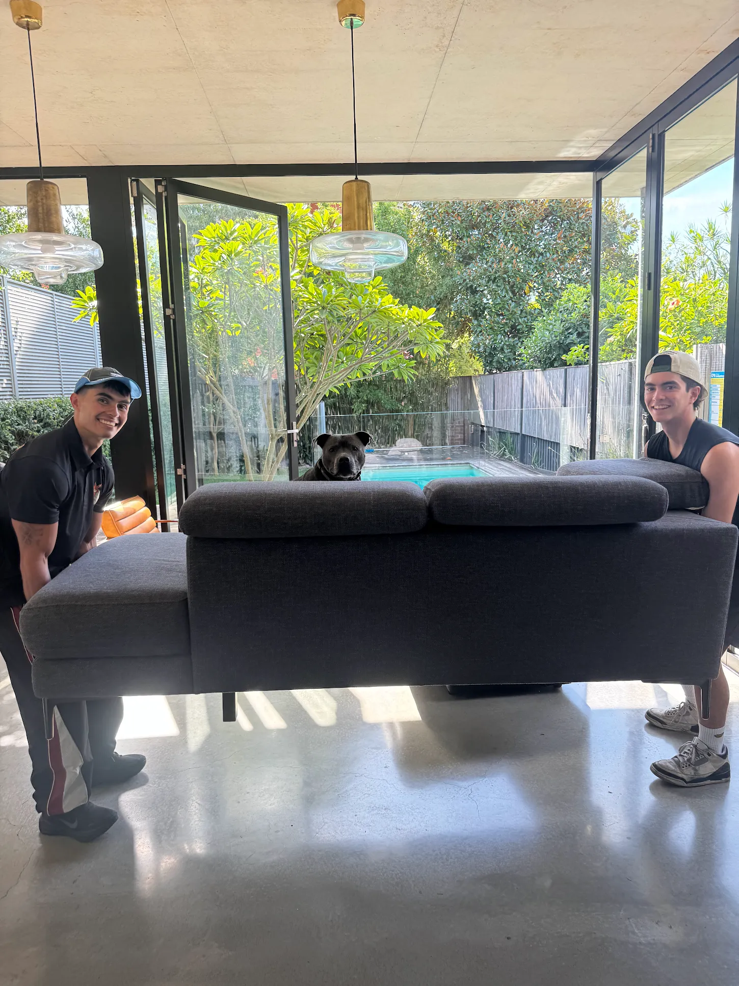 KangPack movers carrying a couch through a sunroom with a dog watching during a Sydney move
