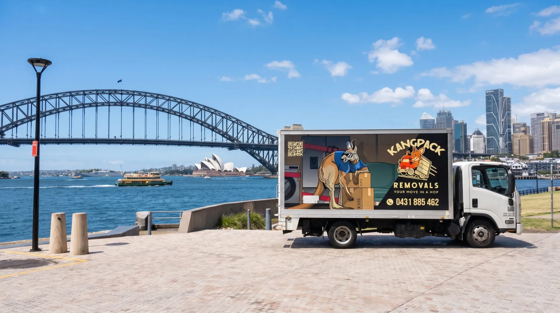 A KangPack removalist truck by Sydney Harbour, ready to head interstate