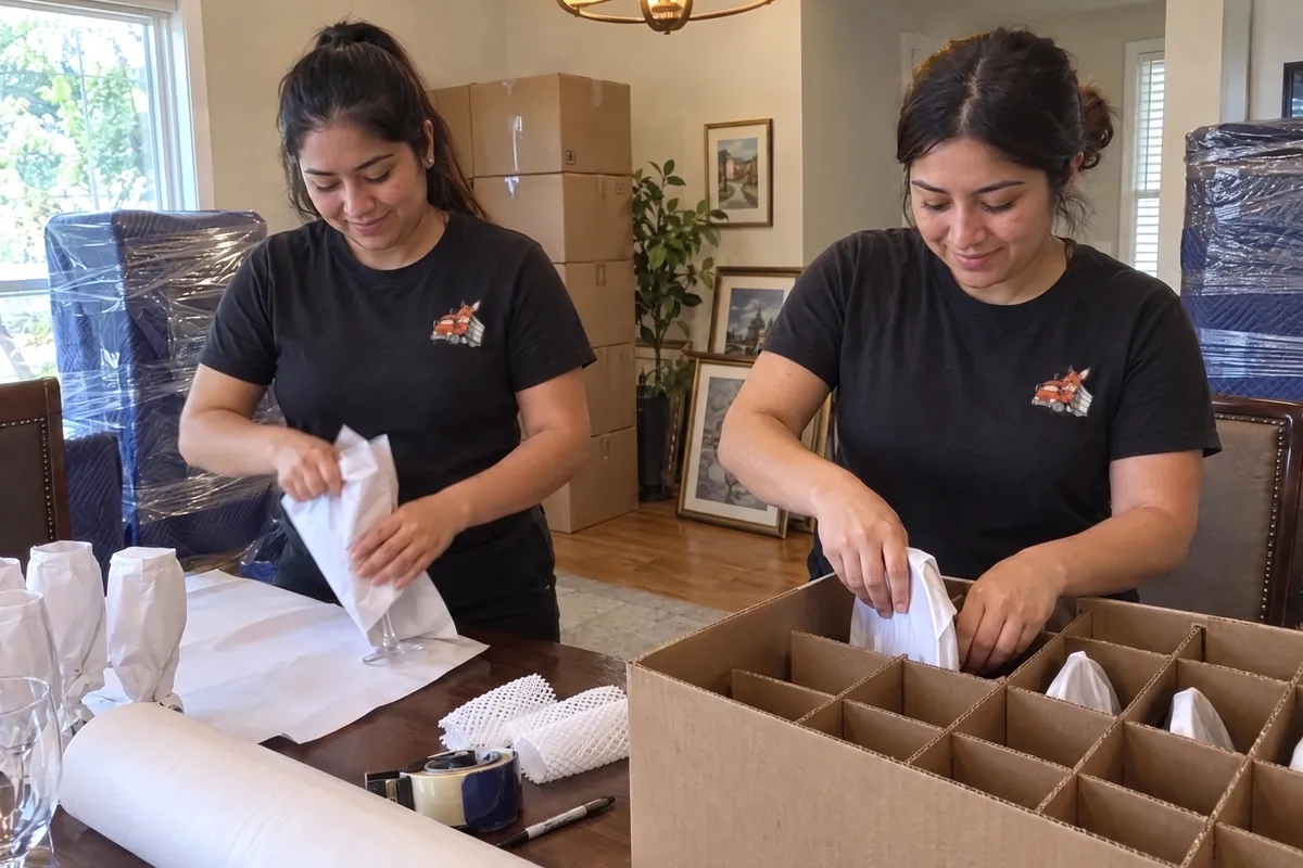 Two KangPack packers wrapping glassware in butcher paper and placing it in a divided box